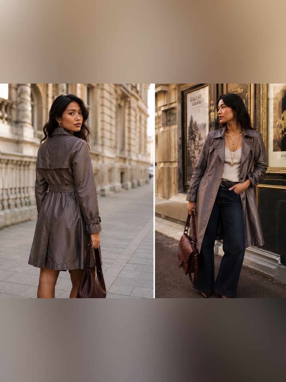 GALLERY Vintage Taupe Metallic Belted Trench Coat Lightweight Rain Jacket | LG